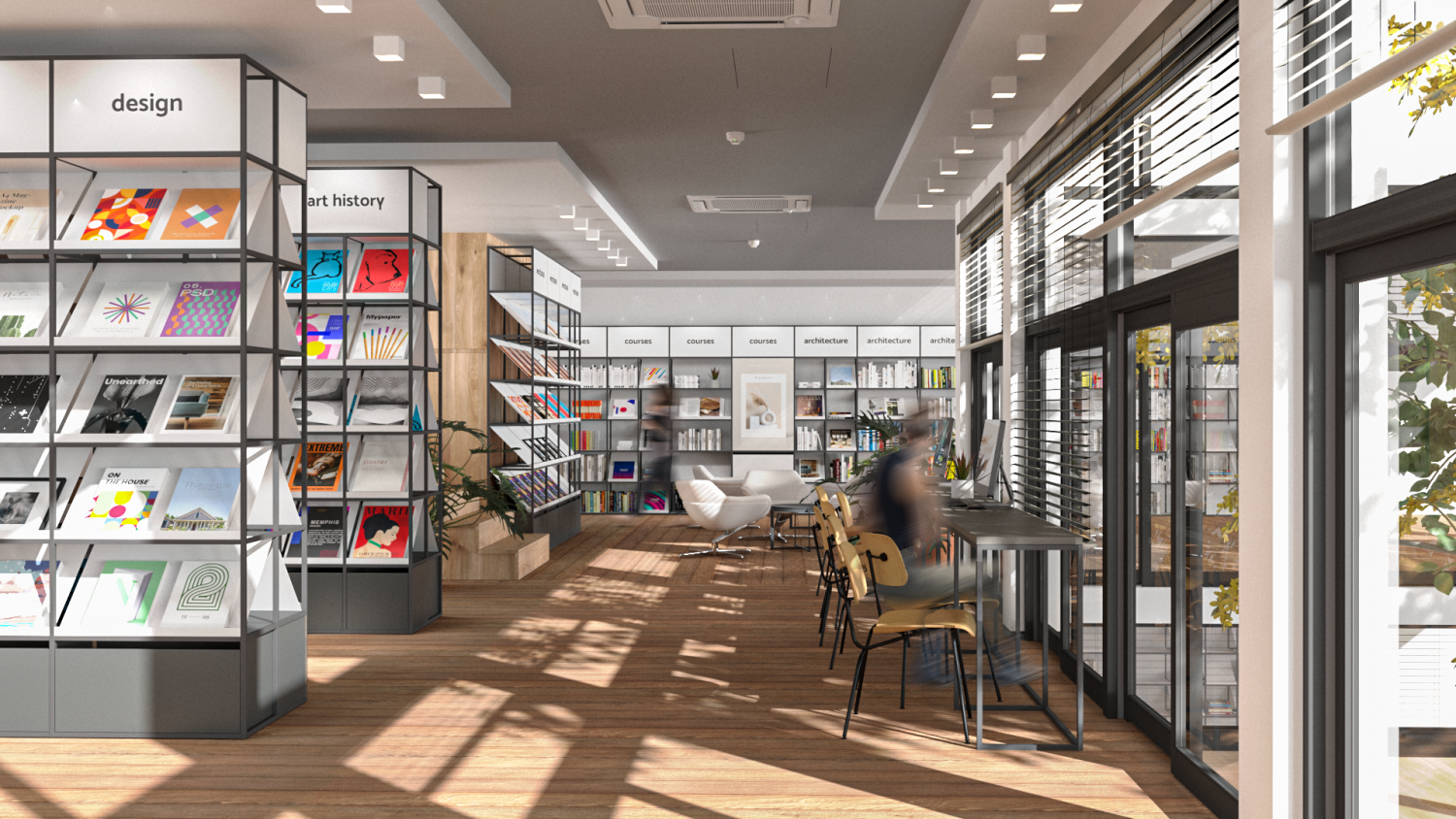 Projekt aranżacji wnętrza księgarni oparty o modułowe regały handlowe ze skośnymi półkami
